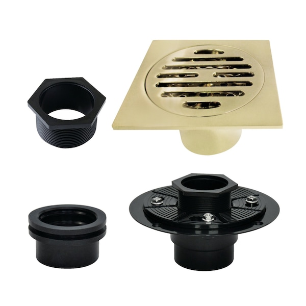 Kingston Brass 4" Brass Square Grid Shower Drain with Hair Strainer and Base Flange, Polished Brass BSFK4262PB - main