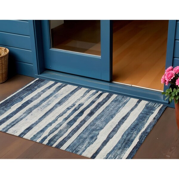 Homeroots 3' X 5' Denim Blue And Gray Striped Washable Indoor Outdoor Area Rug 605897 - main