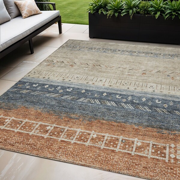 Homeroots 5' X 8' Brown Blue And Beige Southwestern Washable Indoor Outdoor Area Rug 605122 - main