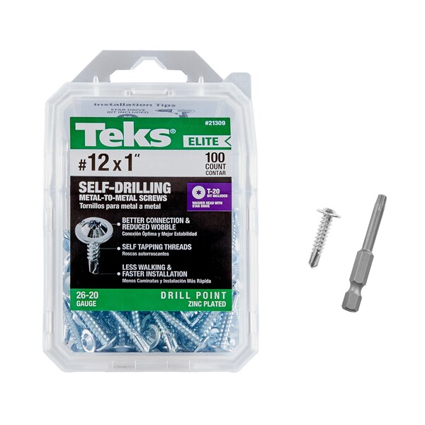 Teks #12 x 1 in Metal-to-Metal Screws, Low Profile, Drill Point, Star Drive, w/ T-20 Bit, Zinc, 100PK 21309 - main