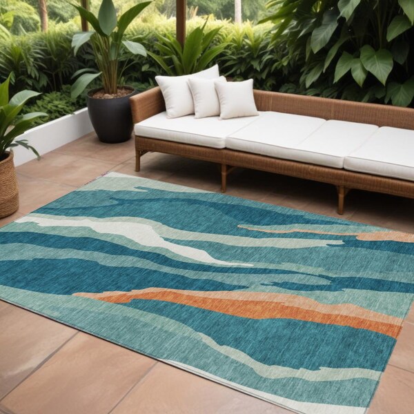 Homeroots 9' X 12' Teal Blue Copper And Ivory Abstract Washable Indoor Outdoor Area Rug 601012 - main