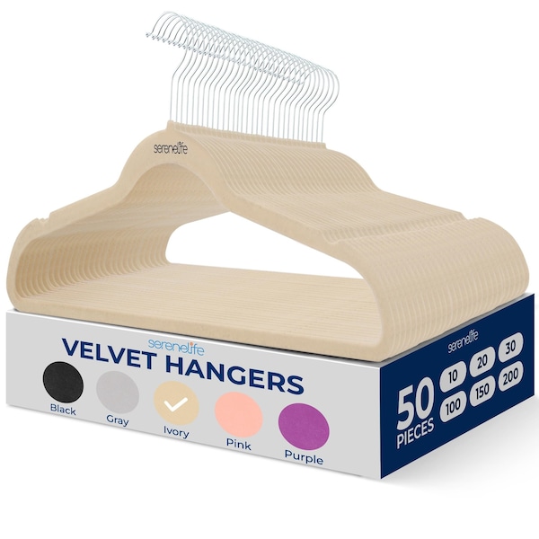 Serenelife Velvet Hangers, Non-Slip, 360 Deg Swivel Hook, Ultra-Thin, Lightweight Velvet Hangers, Ivory, 50PK SLHVELIVOR50 - main