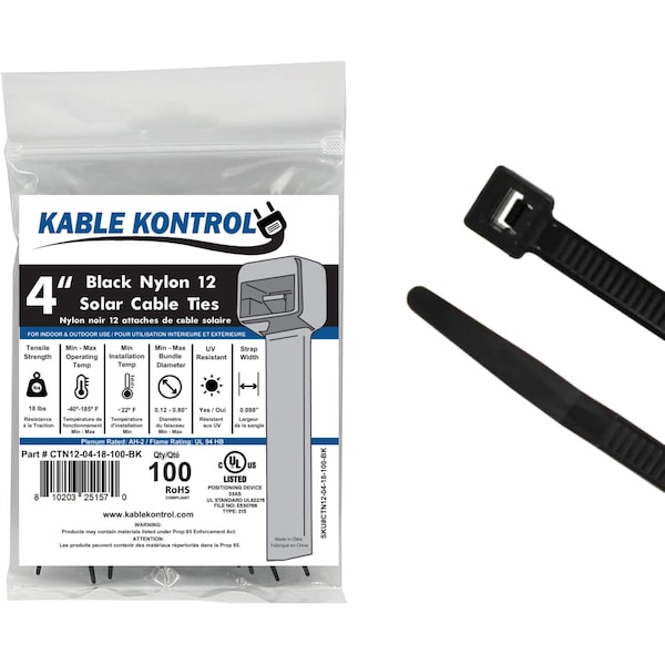 Kable Kontrol Nylon 12 Solar Cable Ties, 4in Long, 18 lbs Tensile Strength, Black, 100PK CTN12-04-18-100-BK - main