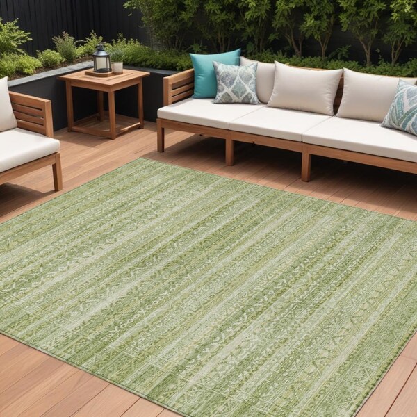 Homeroots 9' X 12' Sage And Ivory Striped Washable Indoor Outdoor Area Rug 631513 - main