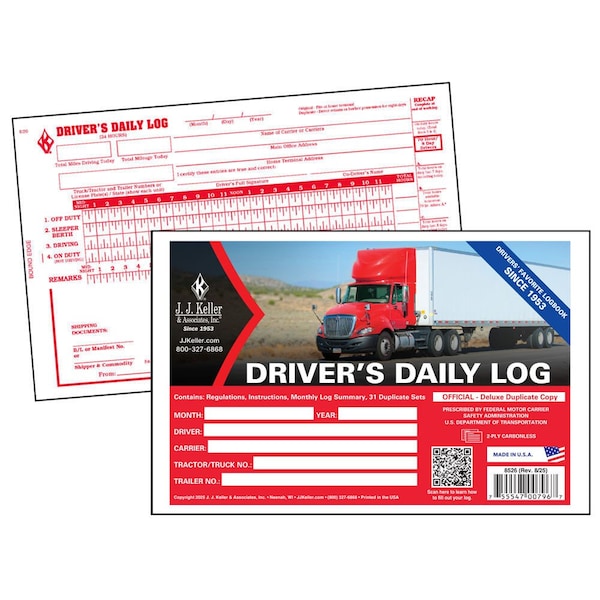 Jj Keller Driver's Log Book, Carbonless, Book without DVIR, 8 1/2 x 5 1/2 in, 2-Ply 8526 - main