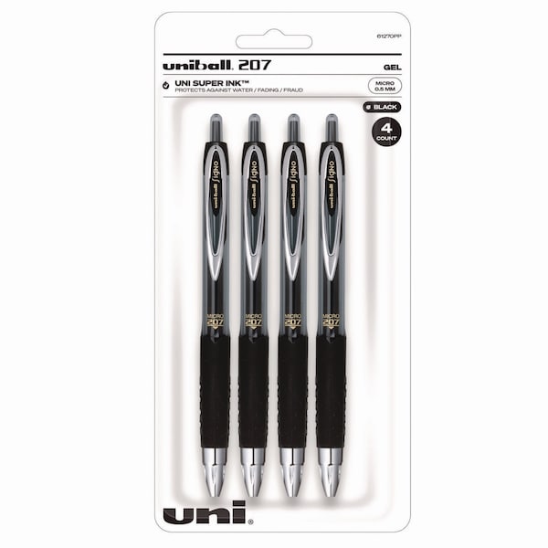 Uni-Ball Signo 207 Gel Pen, Retractable, Fine 0.5 mm, Black Ink, Smoke/Black Barrel, 4PK 61270 - main
