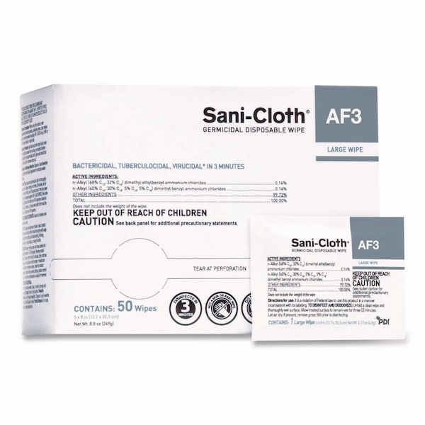 Sani Professional Sani-Cloth AF3 Germicidal Disposable Wipes, Large, 1-Ply, 8inx5in, Unscented, White, 50 Wipes, 10PK H59200 - main