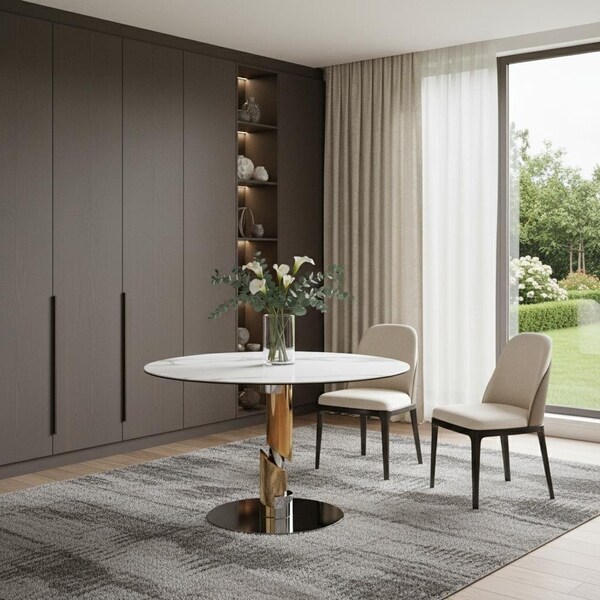 Homeroots 47" White Gold and Silver Ceramic and Stainless Steel Pedestal Base Round Top Dining Table 718896 - main