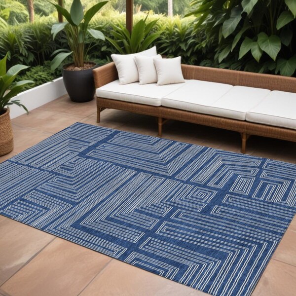Homeroots 10' X 14' Navy Blue And Ivory Geometric Washable Indoor Outdoor Area Rug 600845 - main