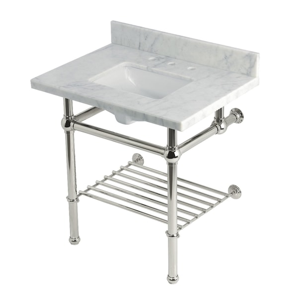 Kingston Brass 30-Inch Carrara Marble Console Sink with Brass Legs and Shelf, 8-Inch, 3-Hole KVPB3030MBSQB6 - main
