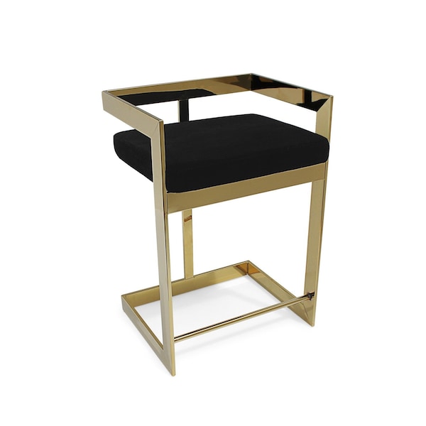 Homeroots 30" Black and Gold Velvet and Stainless Steel Low Back Bar Height Bar Chair 555064 - main