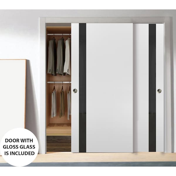 Sartodoors Sliding Closet Bypass Doors, Planum 0040 White Silk with Black Glass, Sturdy Rails Moldings Trims H PLANUM0040DBD-WS-36 - main