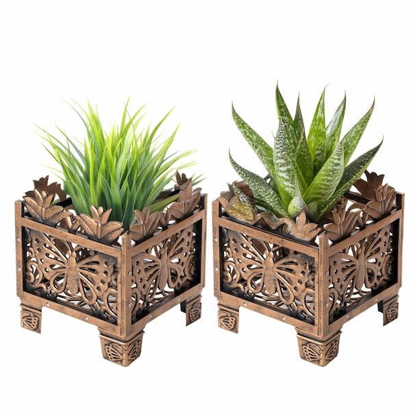 Gardenised Set of 2 Outdoor Living Butterfly Square Plant Stands Flower Pots, Bronze Finish QI004122 - main