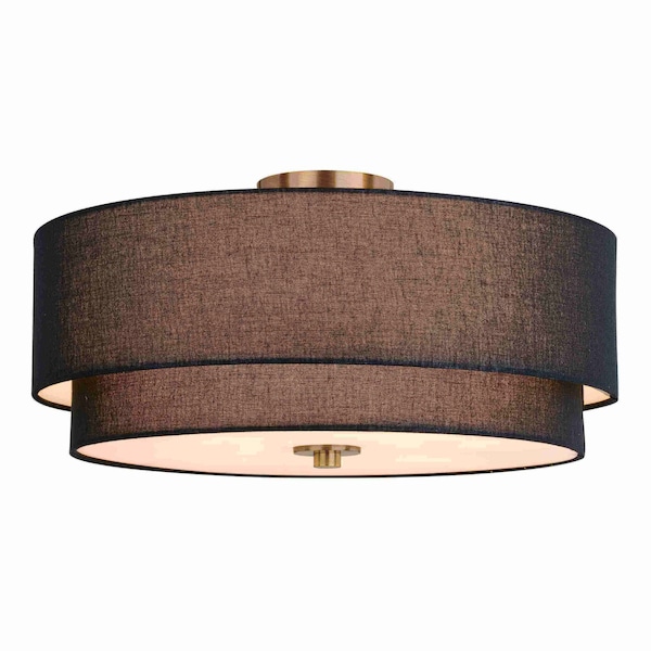 Vaxcel Burnaby Gold Brass Mid-Century Modern Semi Flush Mount Ceiling Light Black Linen Drum Shade C0308 - main
