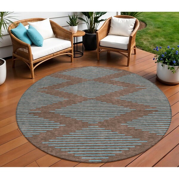 Homeroots 8' Brown And Aqua Round Geometric Washable Indoor Outdoor Area Rug 598730 - main