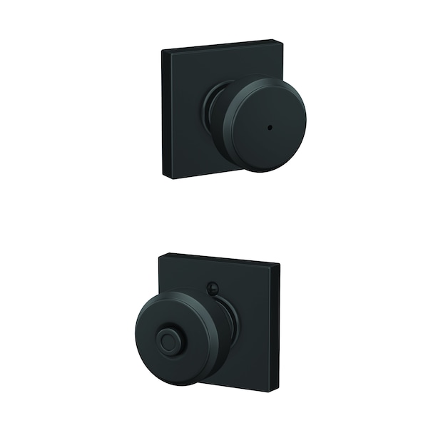 Schlage Residential Bowery Knob with Collins Rose Privacy Lock with 16080 Latch and 10027 Strike Matte Black Finish F40BWE622COL - main