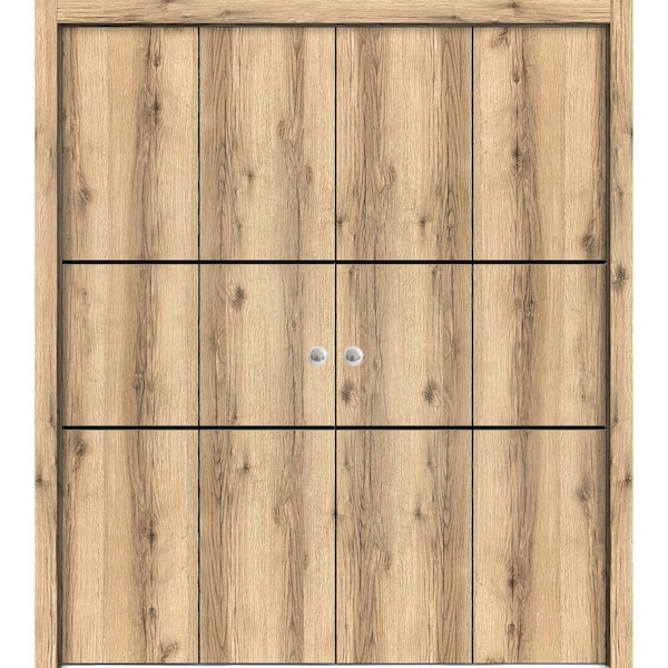Sartodoors Sliding Closet Double Bi-fold Doors, Planum 0014 Oak and Aluminum Strips, Sturdy Tracks Moldings Tr PLANUM0014DBF-DUB-72 x 96 (4* 18x96) - main