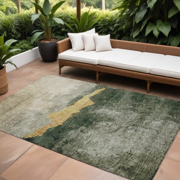 Homeroots 10' X 14' Fern Green Gold And Gray Abstract Washable Indoor Outdoor Area Rug 603010 - main