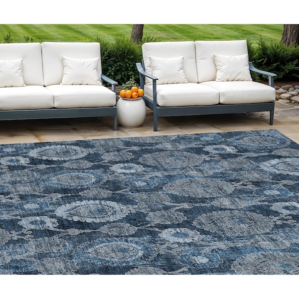 Homeroots 10' X 14' Navy Blue And Denim Blue Damask Washable Indoor Outdoor Area Rug 588189 - main