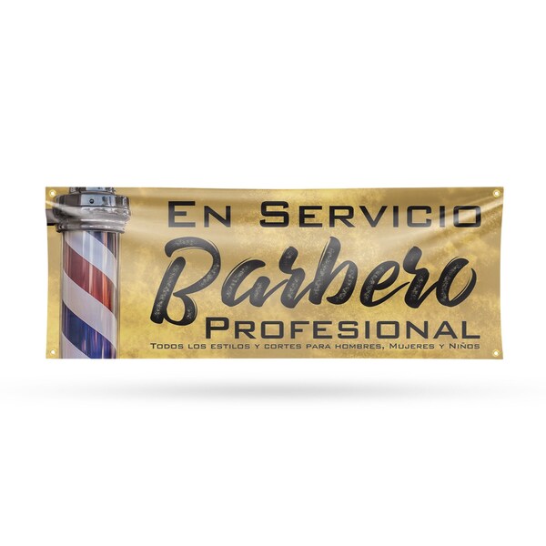 Signmission En servicio barbero profesional, 18 Inch x 48 Inch, Vinyl Banner B-30560 - main