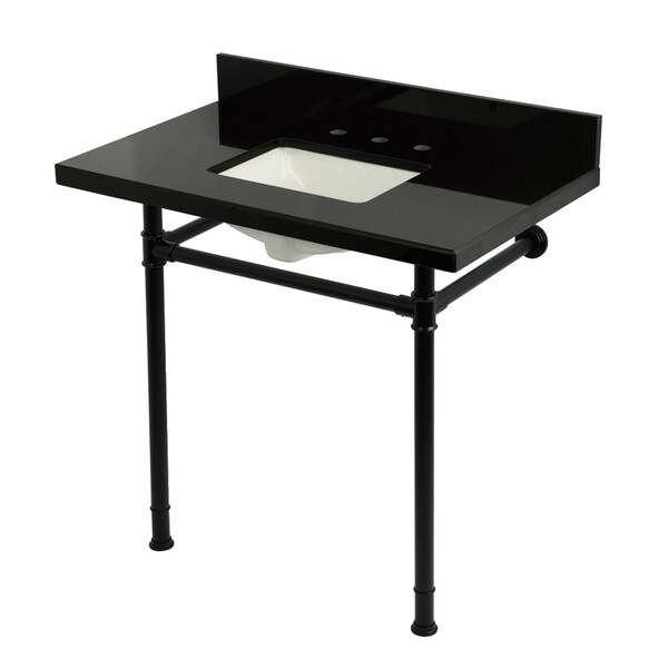 Kingston Brass 36" Black Granite Console Sink with Stainless Steel Legs, 8-Inch, 3-Hole, Black Granite/Matte Black KVPK36227K380 - main