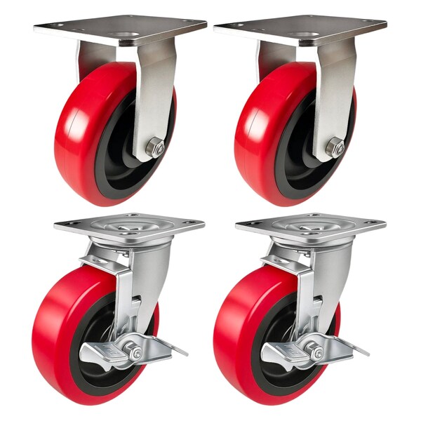 Hyw Products Heavy Duty Caster Set 6in Polyurethane on Plastic Wheels, 2 Rigid & 2 Swivel with Brake, 4PK 40-60R-A1-PU-2,40-60S-A1-PU-TB-2 - main