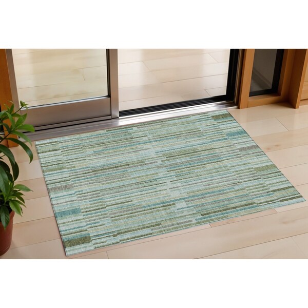 Homeroots 3' X 5' Artichoke Green And Teal Blue Striped Washable Indoor Outdoor Area Rug 631521 - main