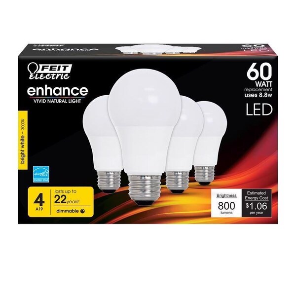 Feit Electric A19 E26 Medium LED Bulb Bright White 60 Watt Equivalence, 4PK OM60DM/930CA/4 - main