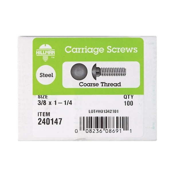 Hillman 3/8 in. X 1-1/4 in. L Zinc-Plated Steel Carriage Bolt, 100PK 240147 - main