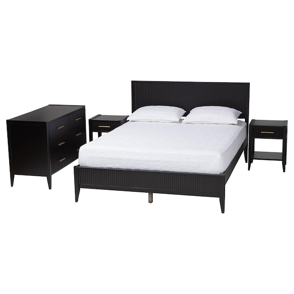 Baxton Studio Primrose Mid-Century Black Fluted Wood Queen Size 4-Piece Bedroom Set 249-13816-13830-13822-ZORO - main
