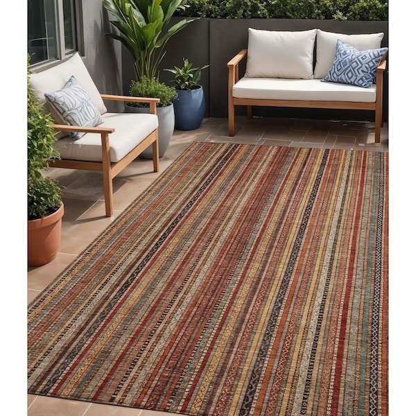 Homeroots 5' X 8' Rust Taupe And Gray Striped Washable Indoor Outdoor Area Rug 616383 - main