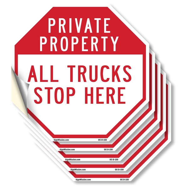 Signmission Private Property All Trucks Stop He, 4 inch X 4 inch, Vinyl Decal, 5PK OC-D-5PACK-4-150 - main