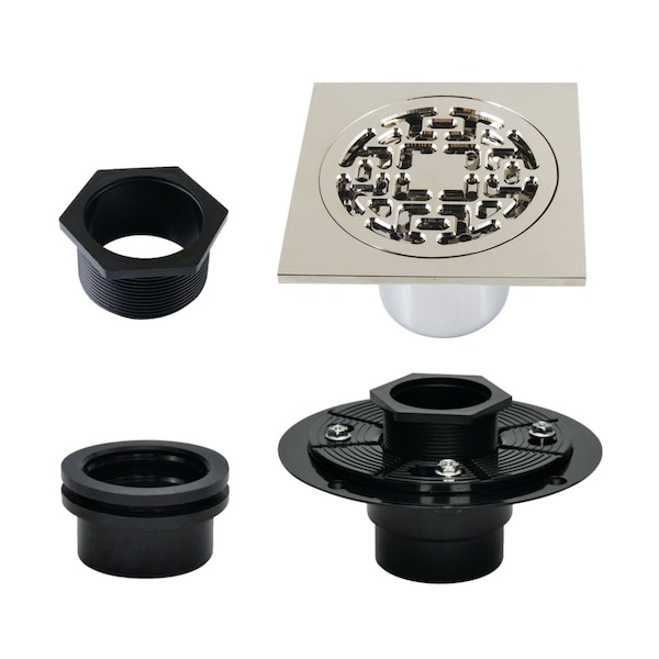 Kingston Brass 4" Brass Square Grid Shower Drain with Hair Strainer and Base Flange, Polished Nickel BSFK4272PN - main