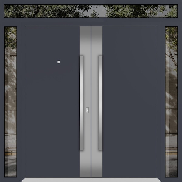 Vdomdoors Metal Double Doors Deux 0729 Gray Graphite Stainless Steel insert 2 Sidelights and Top Transom Entr DEUX0729DEXD-GRE-W12+72+12xH96+14-RH-O - main