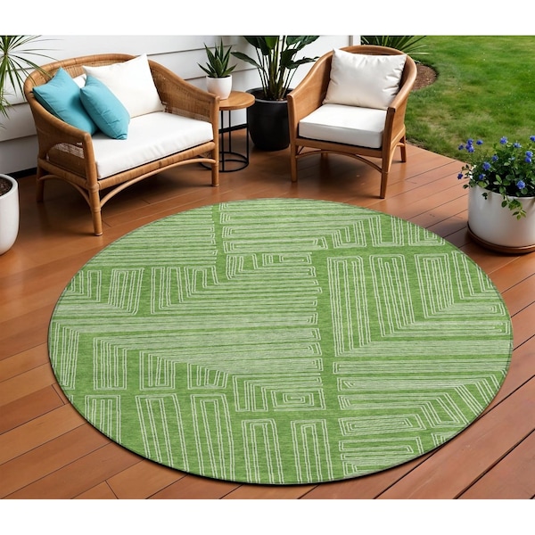 Homeroots 8' Green And Ivory Round Geometric Washable Indoor Outdoor Area Rug 600818 - main