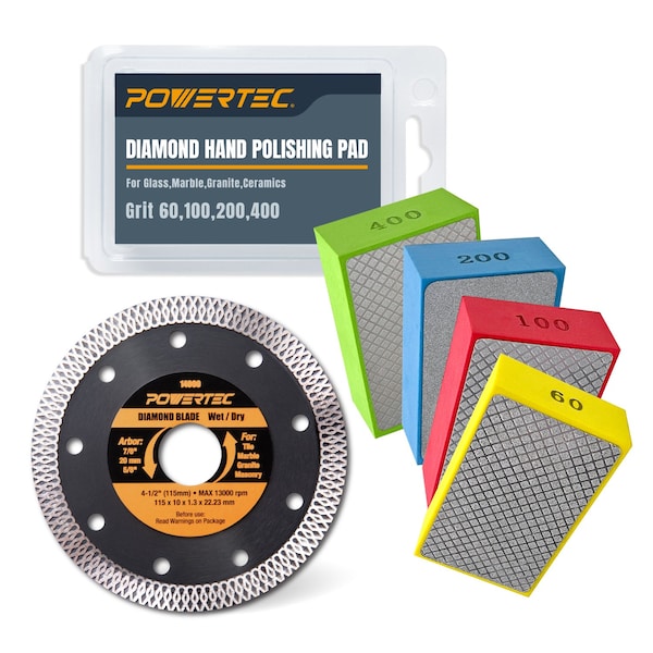 Powertec 4-1/2 in. Turbo Mesh Diamond Saw Blade & 60/100/200/400 Assorted Grits Diamond Hand Polishing Pads 72212N - main