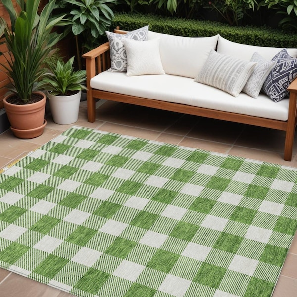 Homeroots 9' X 12' Green And Gray Plaid Washable Indoor Outdoor Area Rug 595389 - main