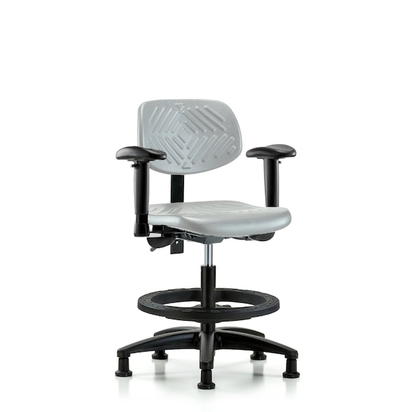 Blue Ridge Ergonomics Poly Chair-Med Bench Height with Seat Tilt, Adj Arms, Black Foot Ring, &Stationary Glides in Gray Poly PMBCH-RG-T1-A1-BF-RG-GRY - main