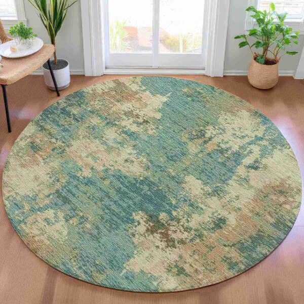 Homeroots 8' Teal Blue And Beige Round Abstract Washable Indoor Outdoor Area Rug 630707 - main