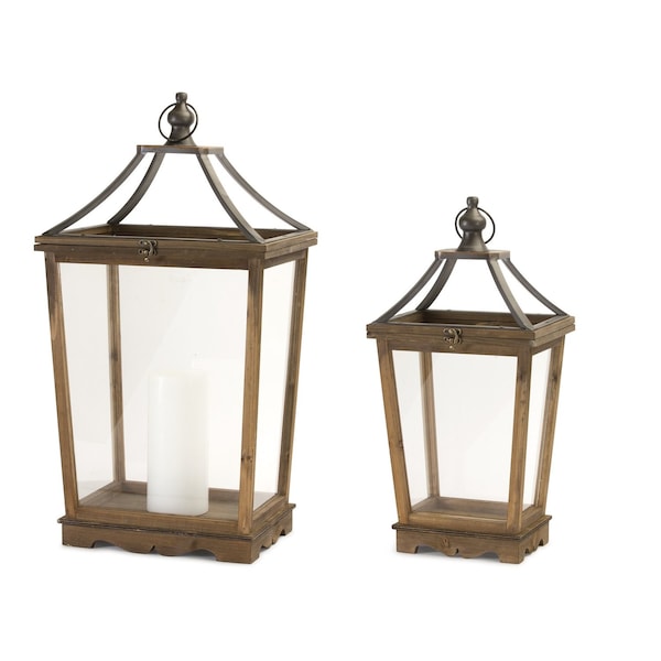 Homeroots Set of Two Brown Distressed Geometric Wood And Metal Floor Lantern Candle Holders, 2PK 517614 - main