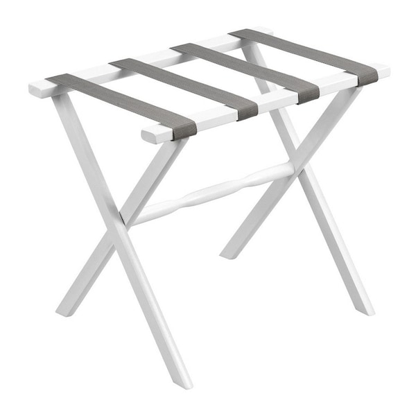 Homeroots Hotel White Finish Wood Folding Luggage Rack With Gray Straps 383077 - main