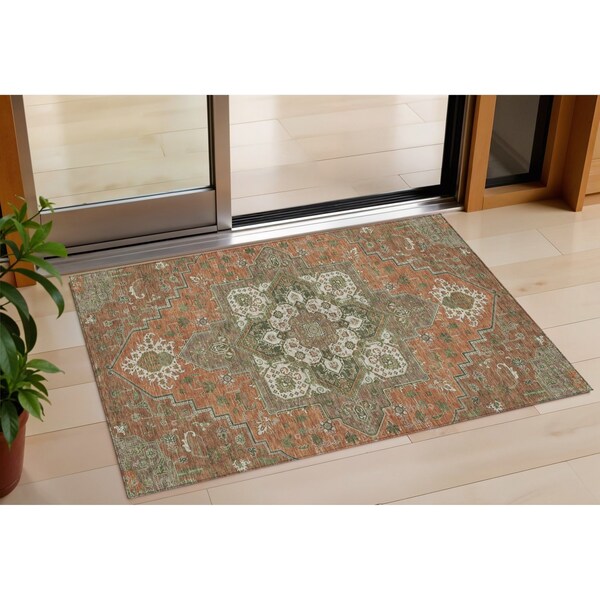 Homeroots 3' X 5' Rust Green And Brown Oriental Washable Indoor Outdoor Area Rug 600186 - main