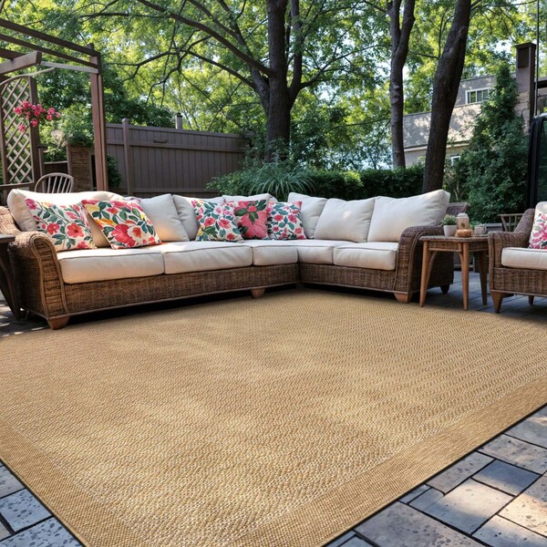 World Rug Gallery Contemporary Bordered Weather Resistant Reversible Indoor/Outdoor Rug 7 ft 10 in x 10 ft Natural WR111NATURAL8X10 - main