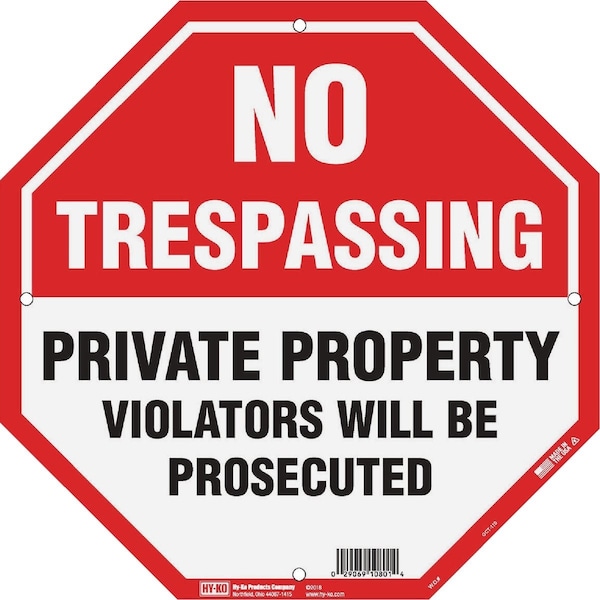 Hy-Ko 12 x 12 Plastic Sign No Trespassing/Private Property OCT-110 - main