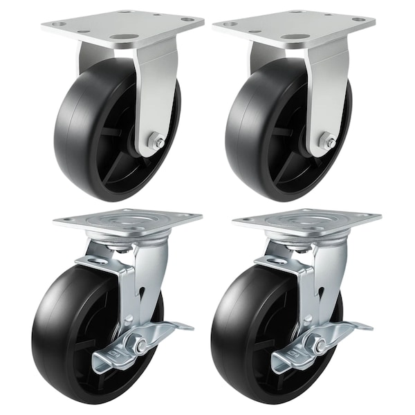 Hyw Products Heavy Duty Caster Set 6in Plastic Wheels, 2 Rigid & 2 Swivel with Brake, 4PK 40-60R-A1-HP-2,40-60S-A1-HP-TB-2 - main