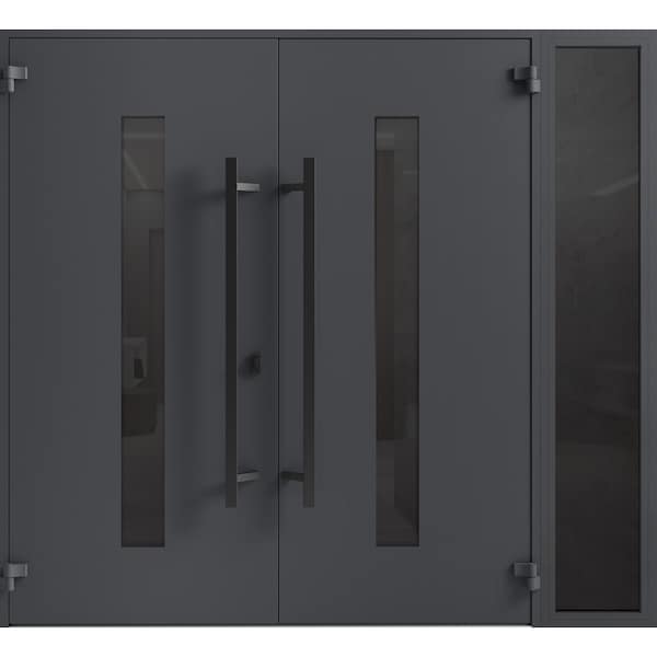 Vdomdoors Front Exterior Prehung Aluminum Double Doors Ronex0130 Grey 1 Sidelight Mirrored Clear Glass 1 RONEX0130DEXD-GRE-W72+12xH96-RH-O - main