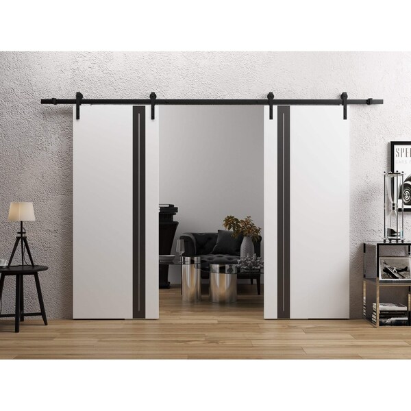 Sartodoors Double Barn Door 36 x 80 inches, Planum 0444 White Silk with Black Inserts and Frosted Glass, 13FT PLANUM0444DB-B-WS-36 - main
