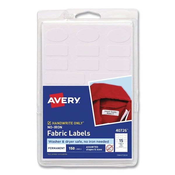 Avery No-Iron Fabric Labels, Handwrite Only, Assorted Shapes and Sizes, White, 150PK 40726 - main