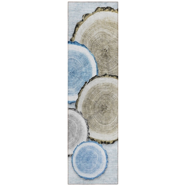Homeroots 8' Runner Blue Gold and Gray Faux Bois Washable Non Skid Indoor Outdoor Runner Rug 564402 - main