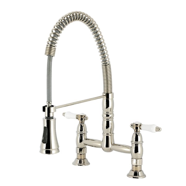 Kingston Brass Double-Handle Deck-Mount Pre-Rinse Bridge Kitchen Faucet, Polished Nickel GS1276BPL - main